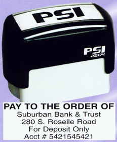 PSI-2264  PSI Self-Inkers require no pad. Lasts 3-5 times longer than others. Oil base ink. Smooth and quiet operation. Available in 5 ink colors.  Ready in as little as 2 hours! Area: 13/16"x2-1/2".