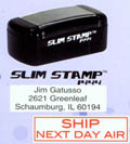 XSS-1444 PSI Slim stamp. Extra SLIM space saving design. Self-Inking requires no pad. Lasts 3-5 times longer than others. Oil base ink. Compact design is better for pocket, purse or briefcase. Available in 5 colors. Area: 1/2"x1-3/4".